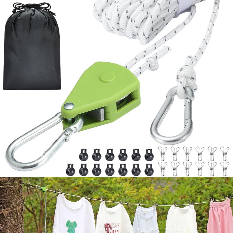 Harqa Retractable Travel Clothesline, 19FT Adjustable Heavy-Duty Line with Reflective Pulley System, Stainless Hooks & Clips – Portable for Camping, Cruise, Hotel, Balcony & Outdoor Laundry (Green) - Image 1